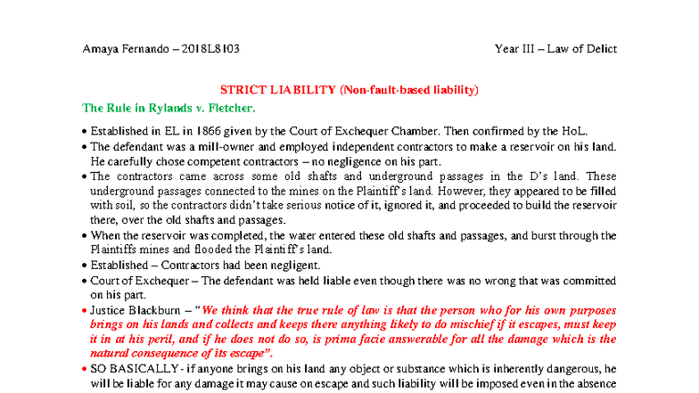 Strict Liability in Law of Delict: The Rule in Rylands v. Fletcher ...