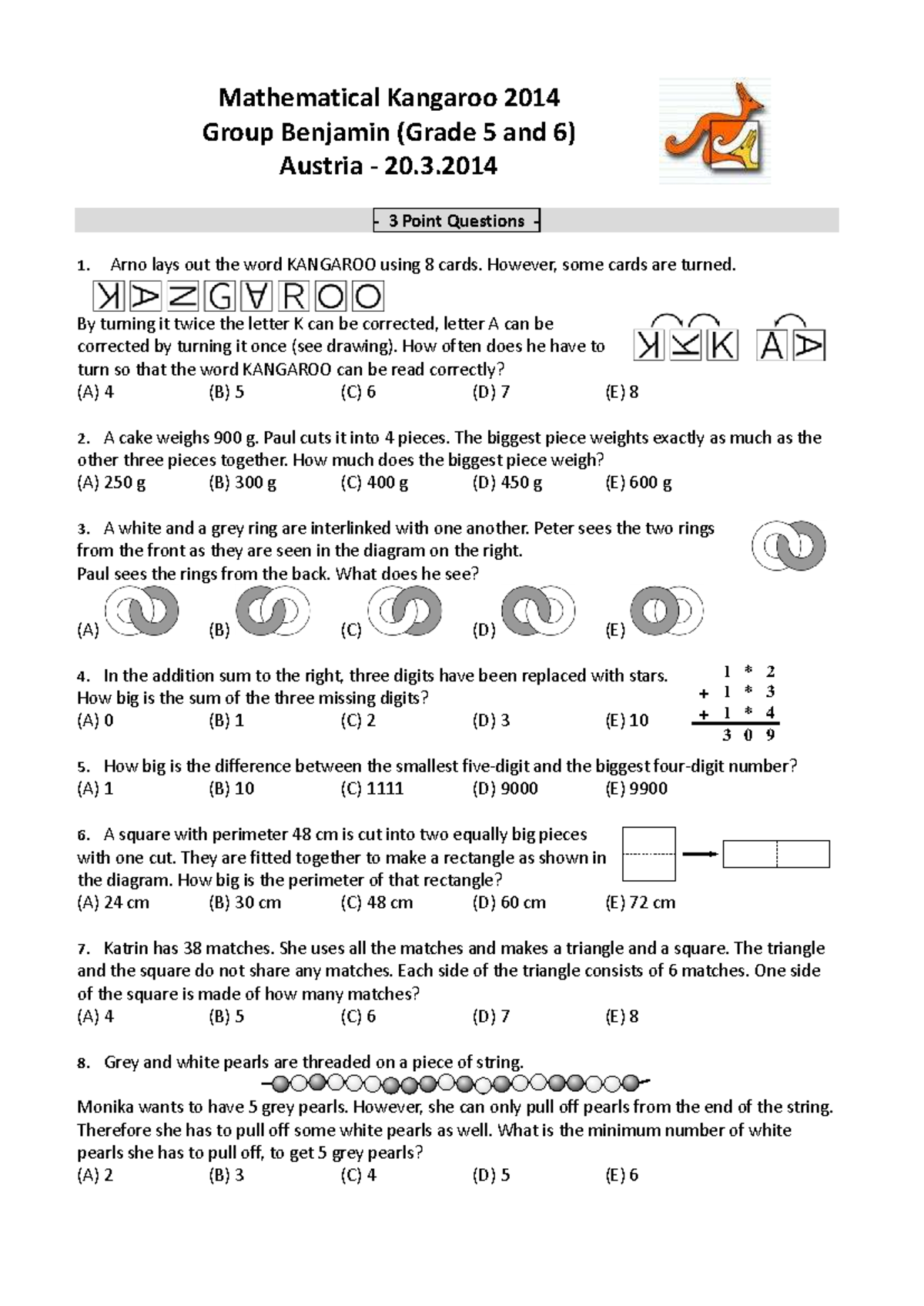 Mathematical Kangaroo 2014 - Grade 5 & 6 Questions and Solutions - Studocu
