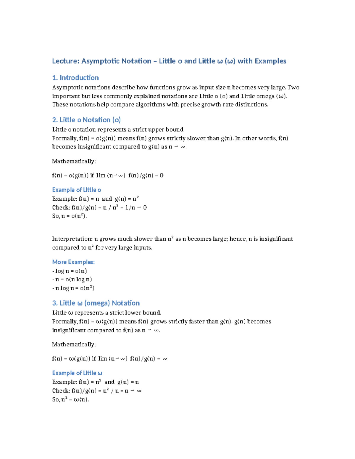 Lecture: Little o and Little ω Notation with Examples - Studocu