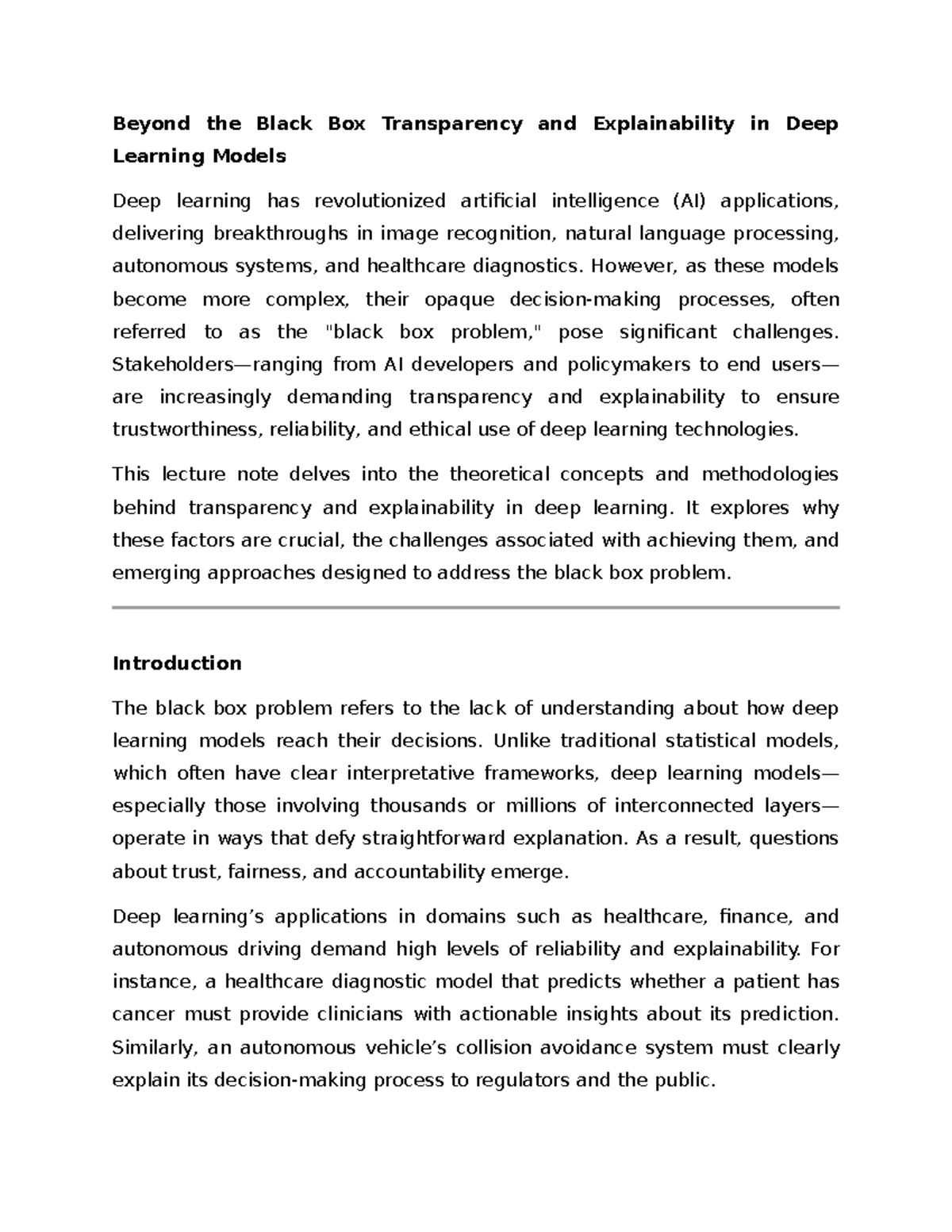 Lecture Notes: Transparency and Explainability in Deep Learning Models ...