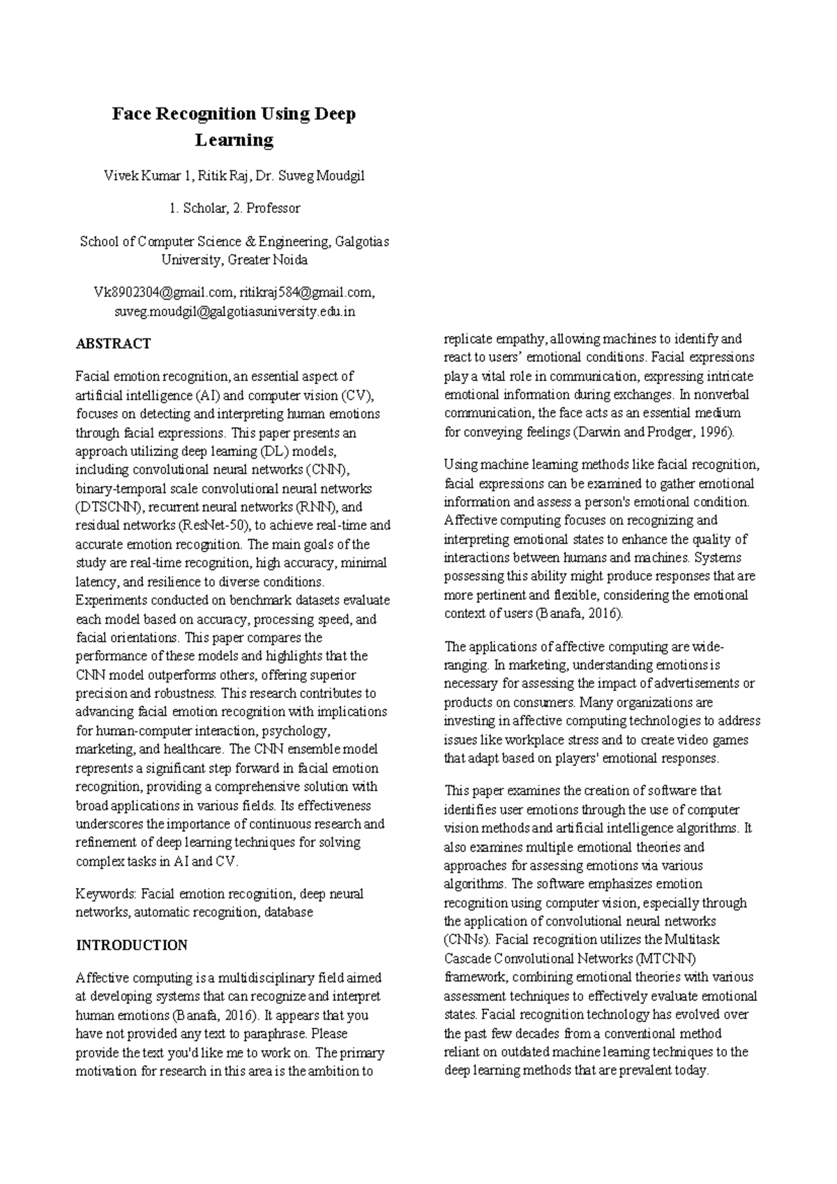 Deep Learning Approaches for Facial Emotion Recognition in AI - Studocu