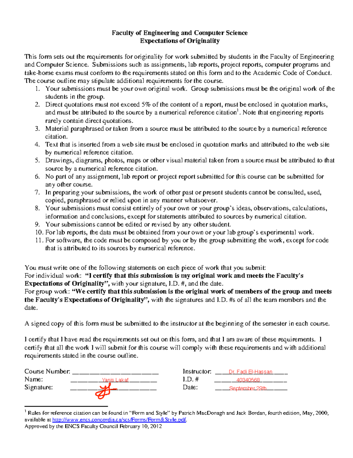 ENCS 101: Expectations of Originality for Submissions - Studocu
