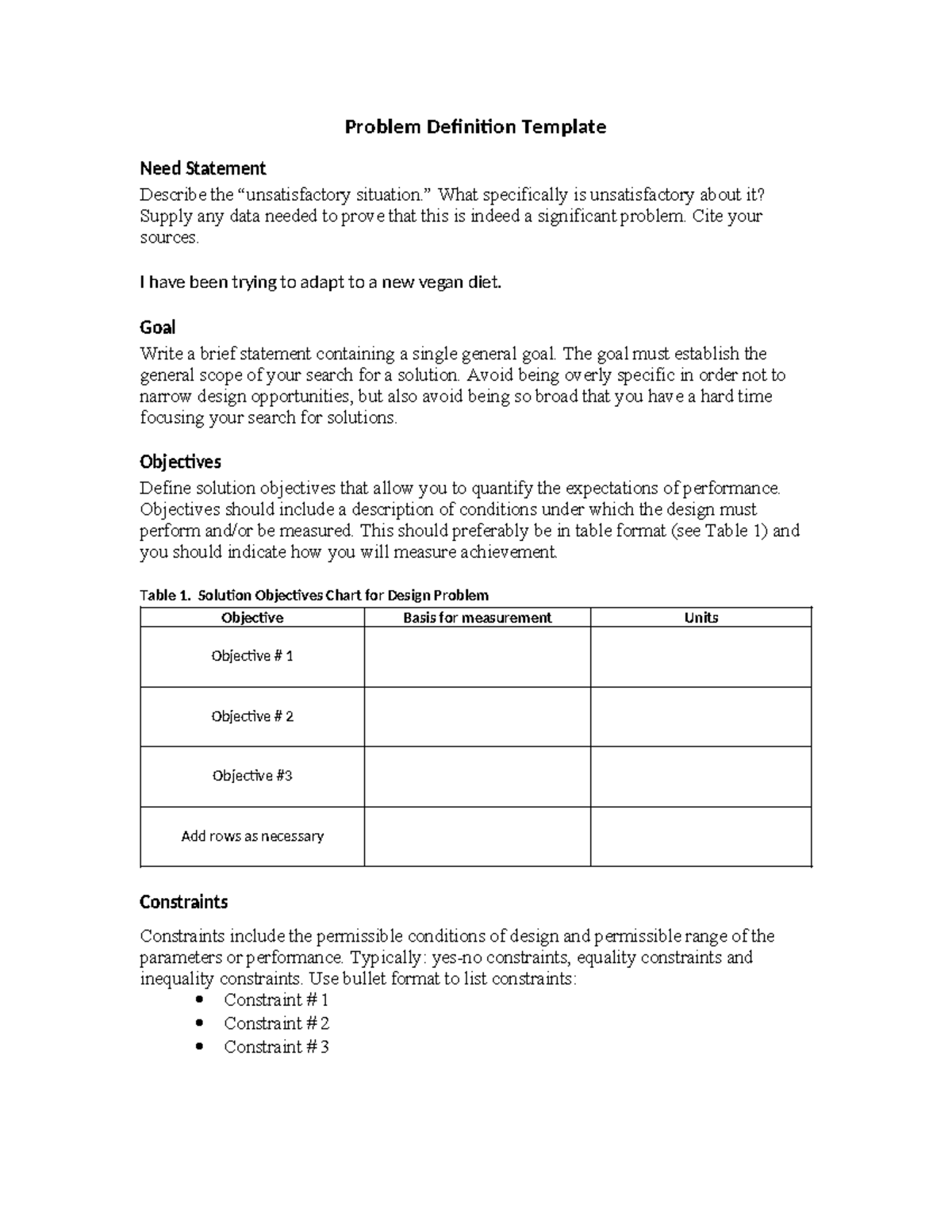 Problem Definition Template: Need Statement & Objectives - Studocu