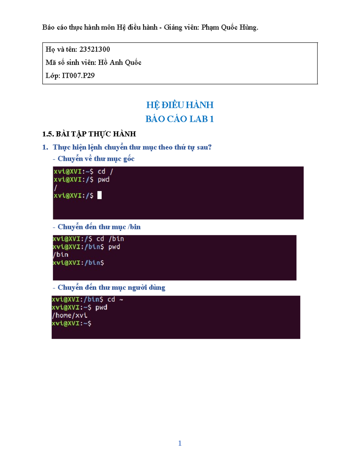 [OS] Mau bao cao LAB 1 - LAB01 IT005 - Họ và tên: 23521300 Mã số sinh ...