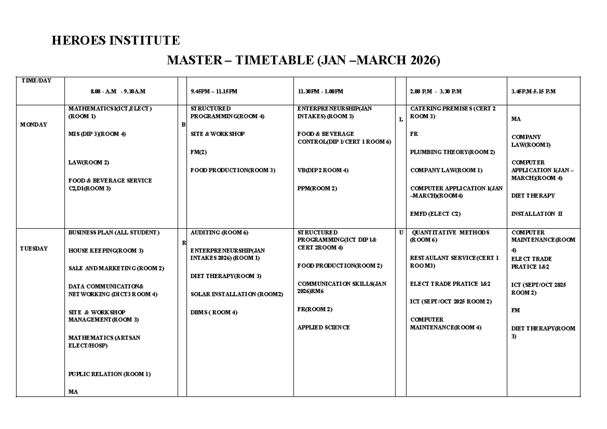 HEROES INSTITUTE MASTER TIMETABLE (JAN-MAR 2026) - Studocu