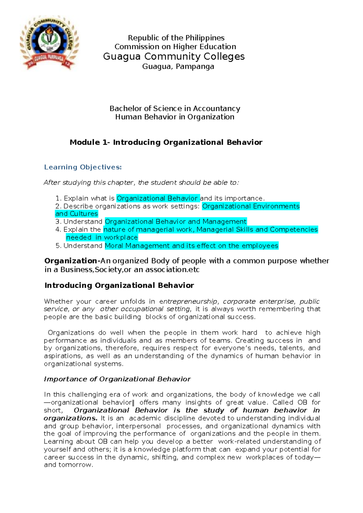 BS Acc Module 1: Intro to Organizational Behavior & Management - Studocu