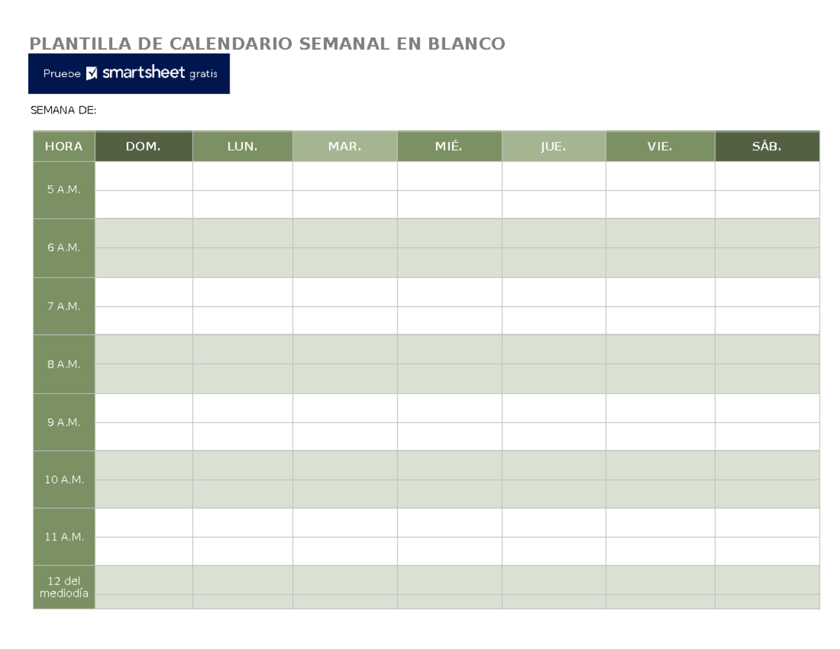 Plantilla de Calendario Semanal en Blanco - IC 27952 - Studocu