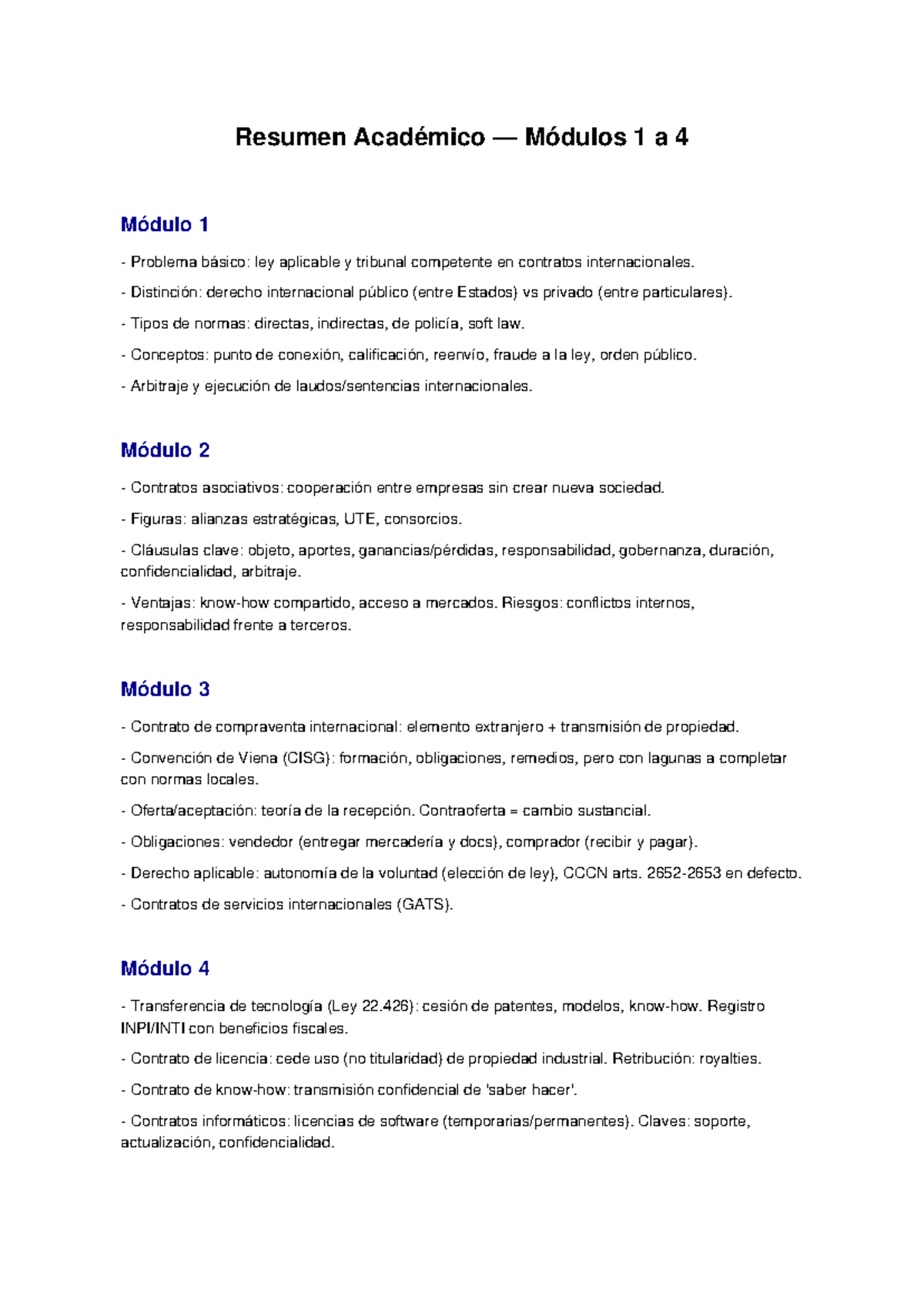 Resumen Académico: Módulos 1 a 4 en Derecho Internacional - Studocu