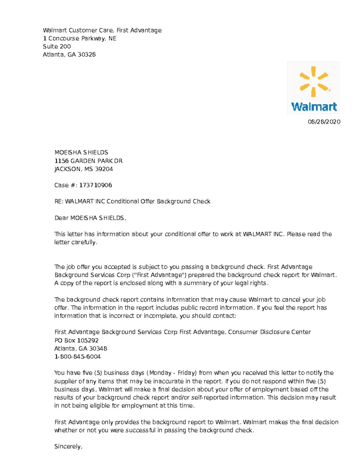 WPS-173710906: Walmart Inc Conditional Offer Background Check Summary ...