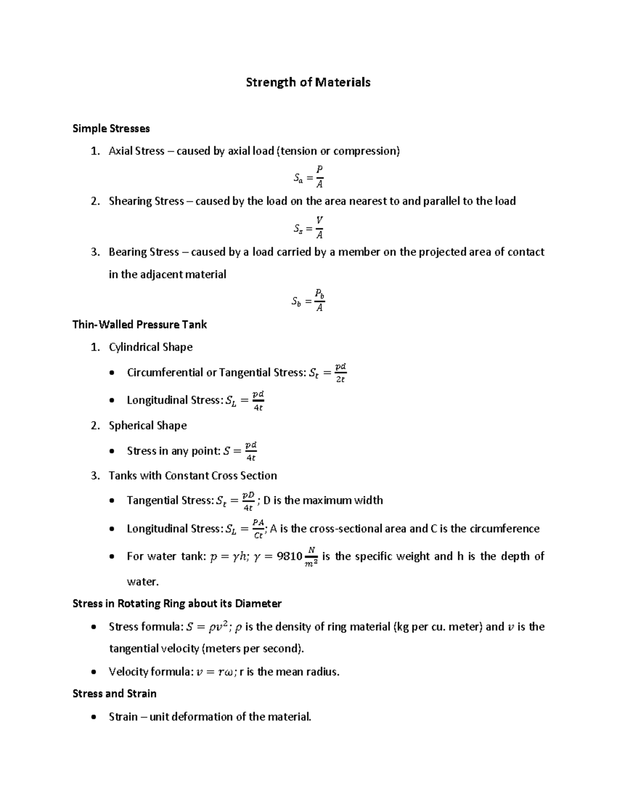 ESAS Reviewer - Strength of Materials Concepts and Formulas - Studocu