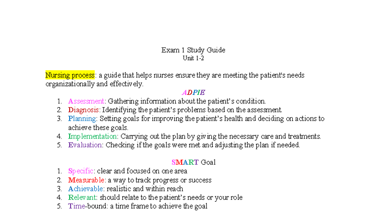 NUR 101 Exam 1 Study Guide: Nursing Process & Assessment Techniques ...