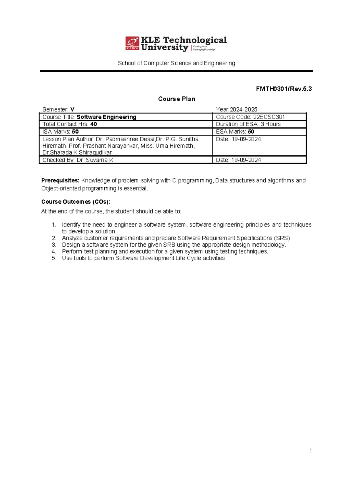 SE Lesson Plan for 22ECSC301: Software Engineering (2024-25) - Studocu