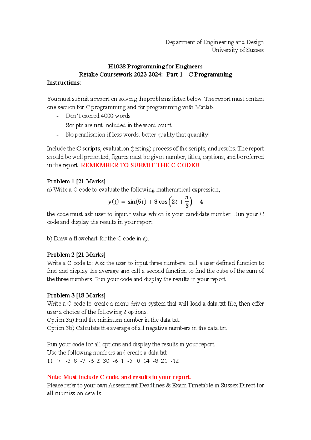 H1038 Programming for Engineers - Retake Coursework Part 1 Guide - Studocu