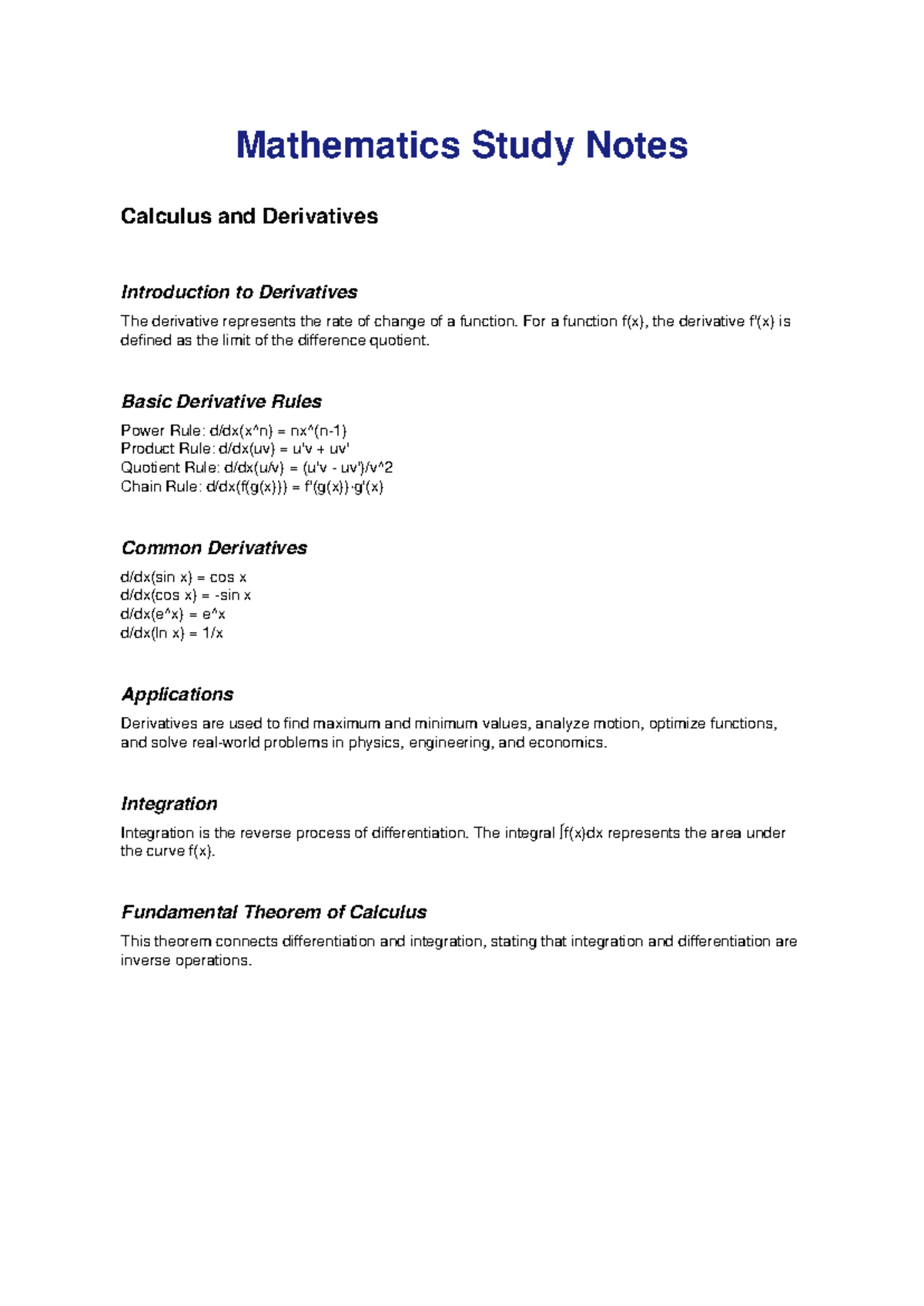 01 Mathematics Calculus Study Notes: Derivatives & Integration Overview ...