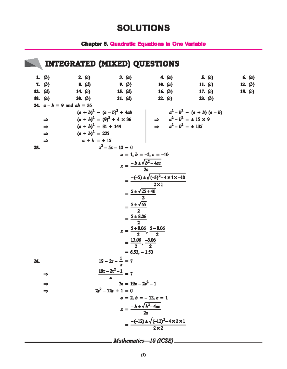 Mathematics-10 (ICSE) Solutions to Integrated Mixed Questions Ch 5 ...