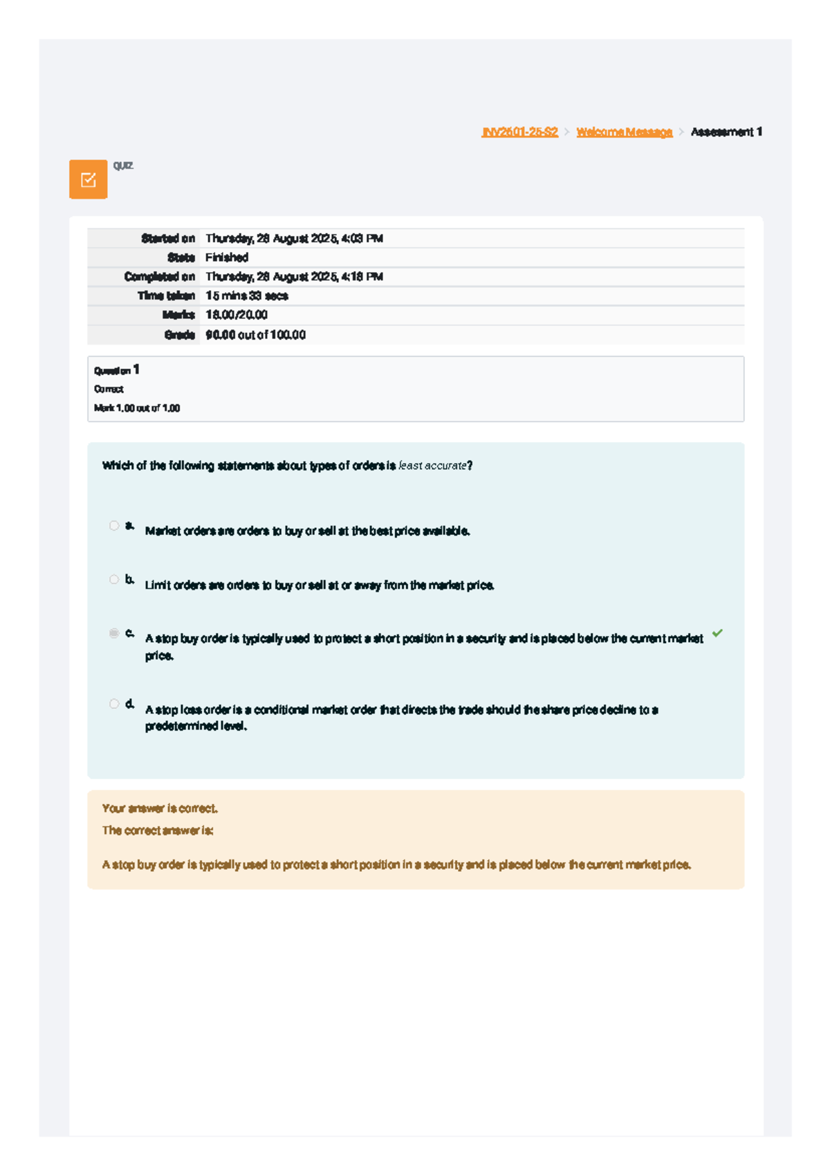 Assessment 1 Review: Welcome Message & Quiz Results - Studocu