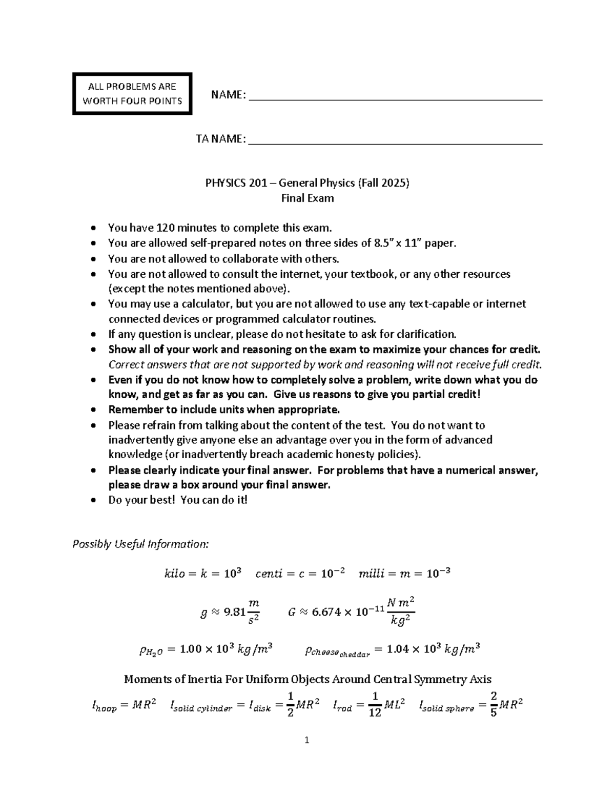 Final Exam Review - PHY 201 - General Physics (Fall 2025) - Studocu