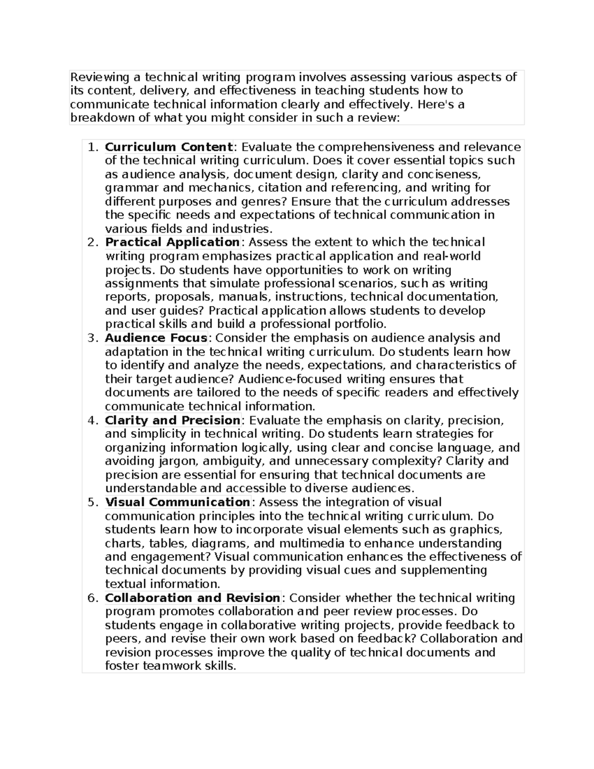 Evaluating a Technical Writing Program: Key Aspects to Review - Studocu