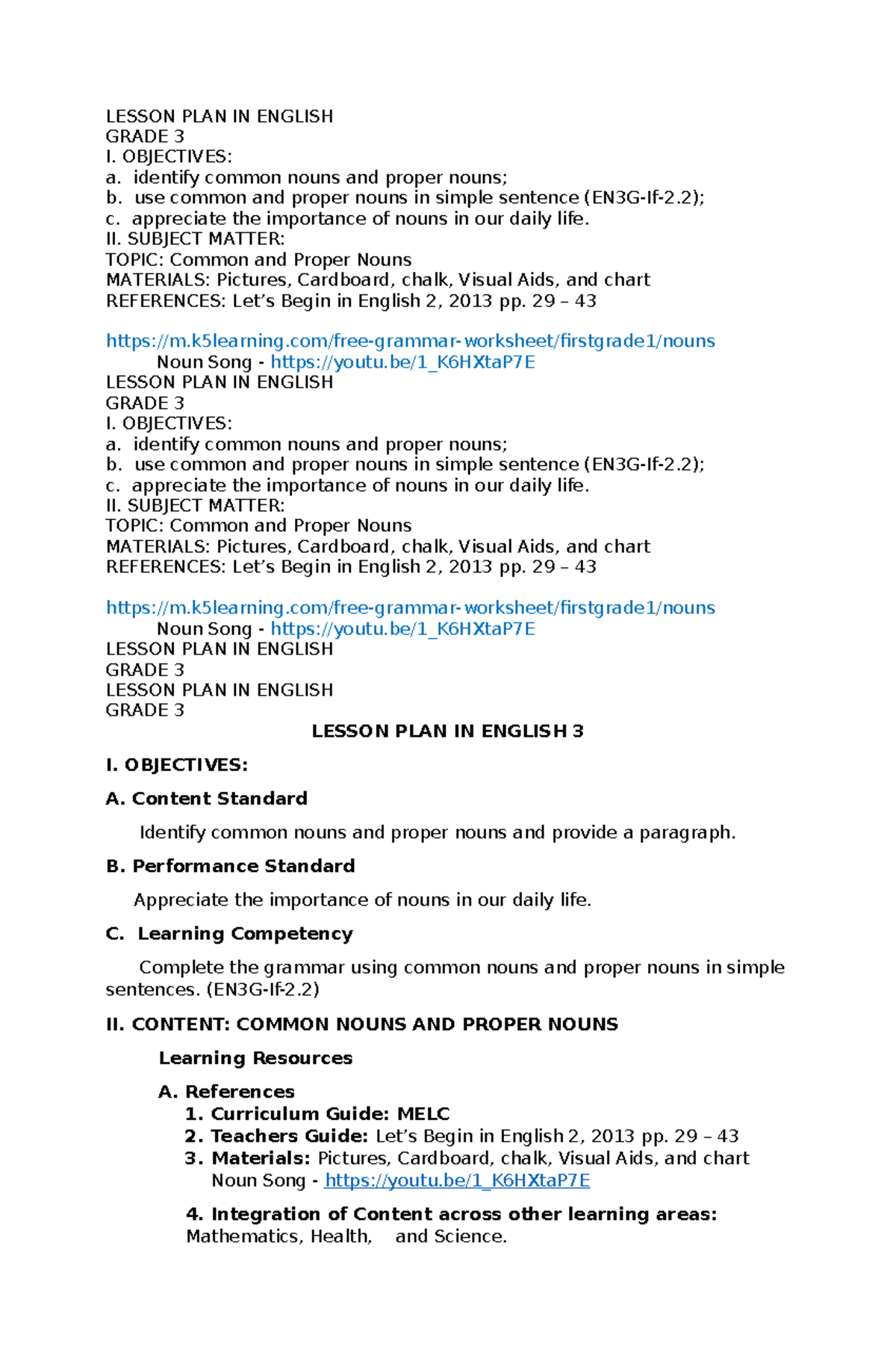 Lesson PLAN IN English - LESSON PLAN IN ENGLISH GRADE 3 I. OBJECTIVES ...