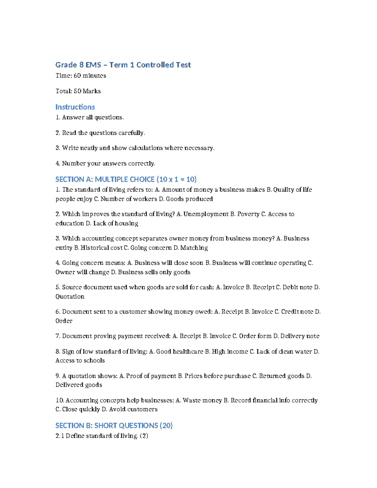 Grade 8 EMS Term 1 Controlled Test: Updated Question Paper - Studocu