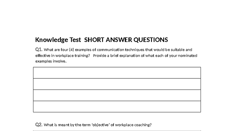 Knowledge Test: Short Answer Questions on Workplace Training Techniques ...