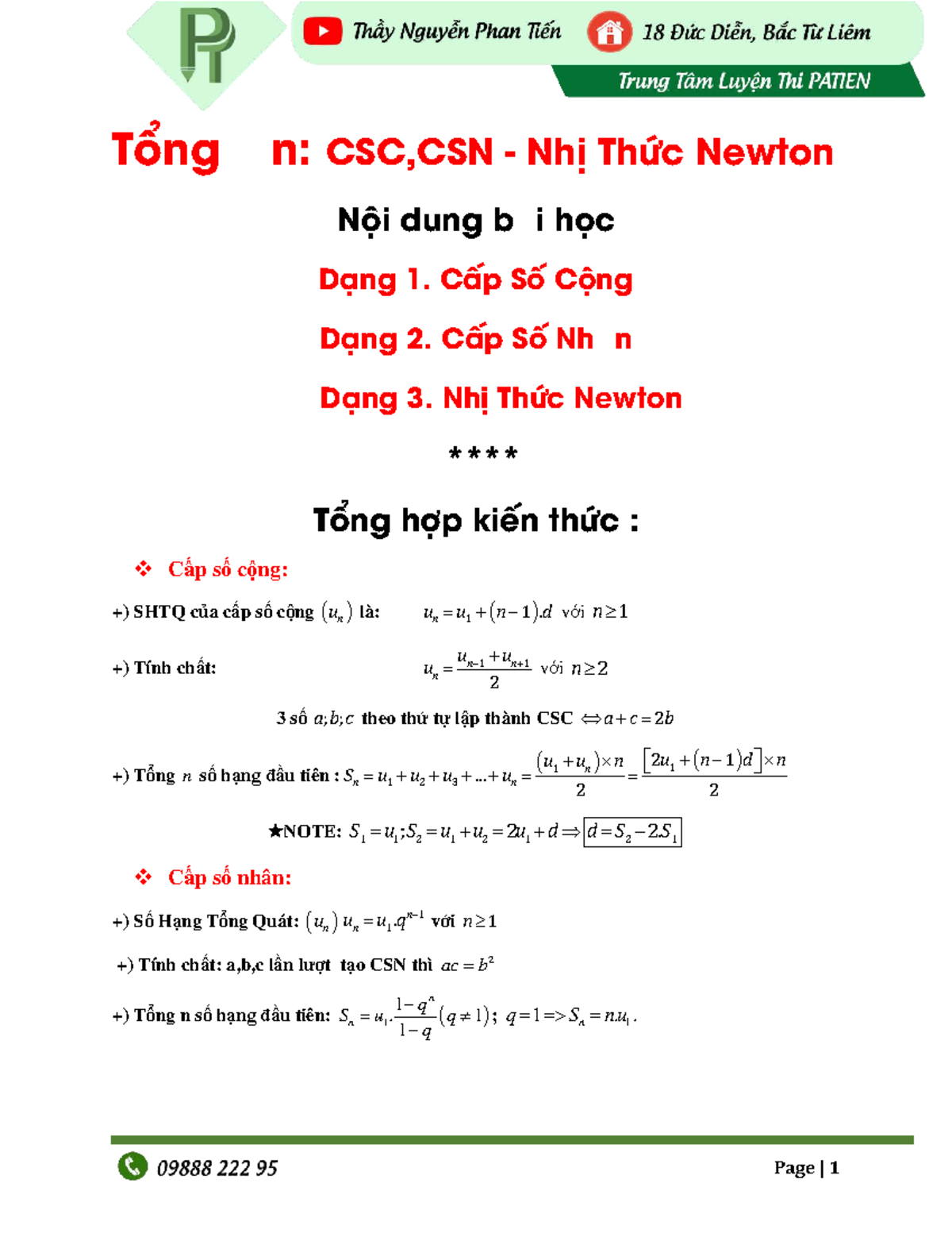 Tổng Ôn: CSC,CSN Nhị Thức Newton và Cấp Số Cộng, Số Nhân - Studocu