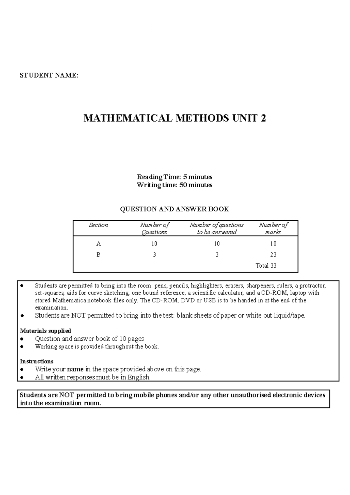 Mathematical Methods Unit 2 Test 3: Quadratics Practice 2023 - Studocu