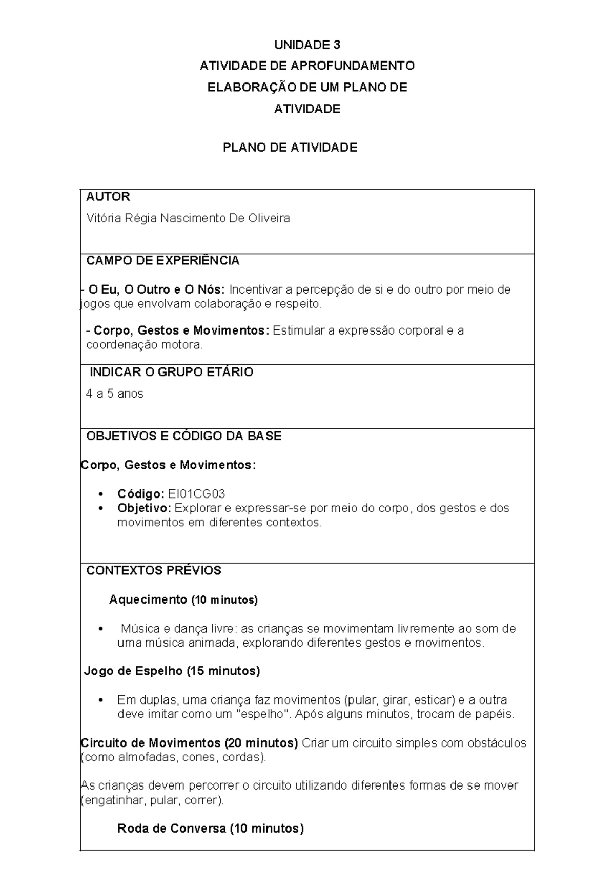 Prática de Ensino em Educação Infantil - Modelo Atividade III - Plano ...