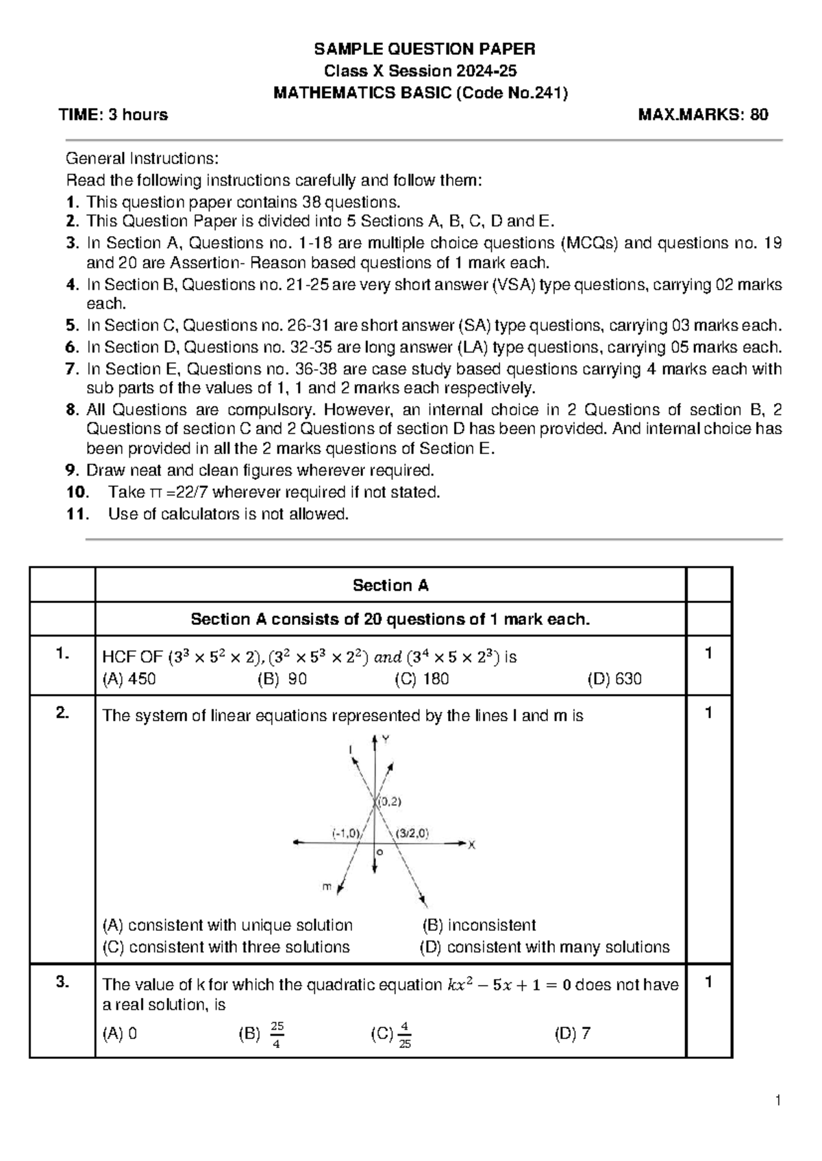 Maths Basic - Sample Question Paper Class X (Code No. 241) - Studocu