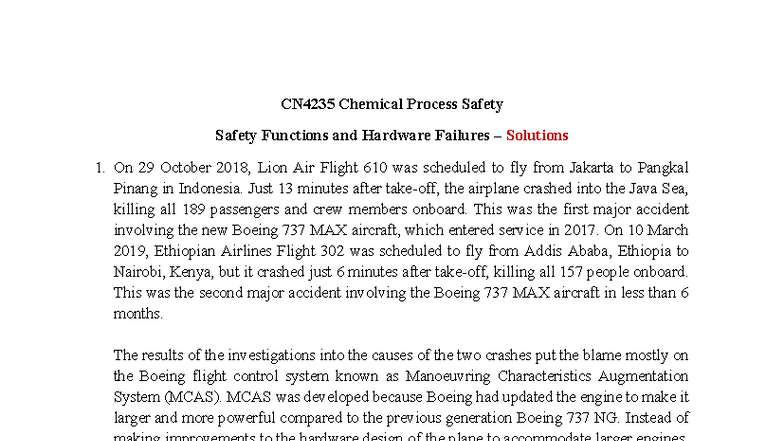 Safety Functions and Hardware Failures (Solutions) - CN 4235 Chemical ...