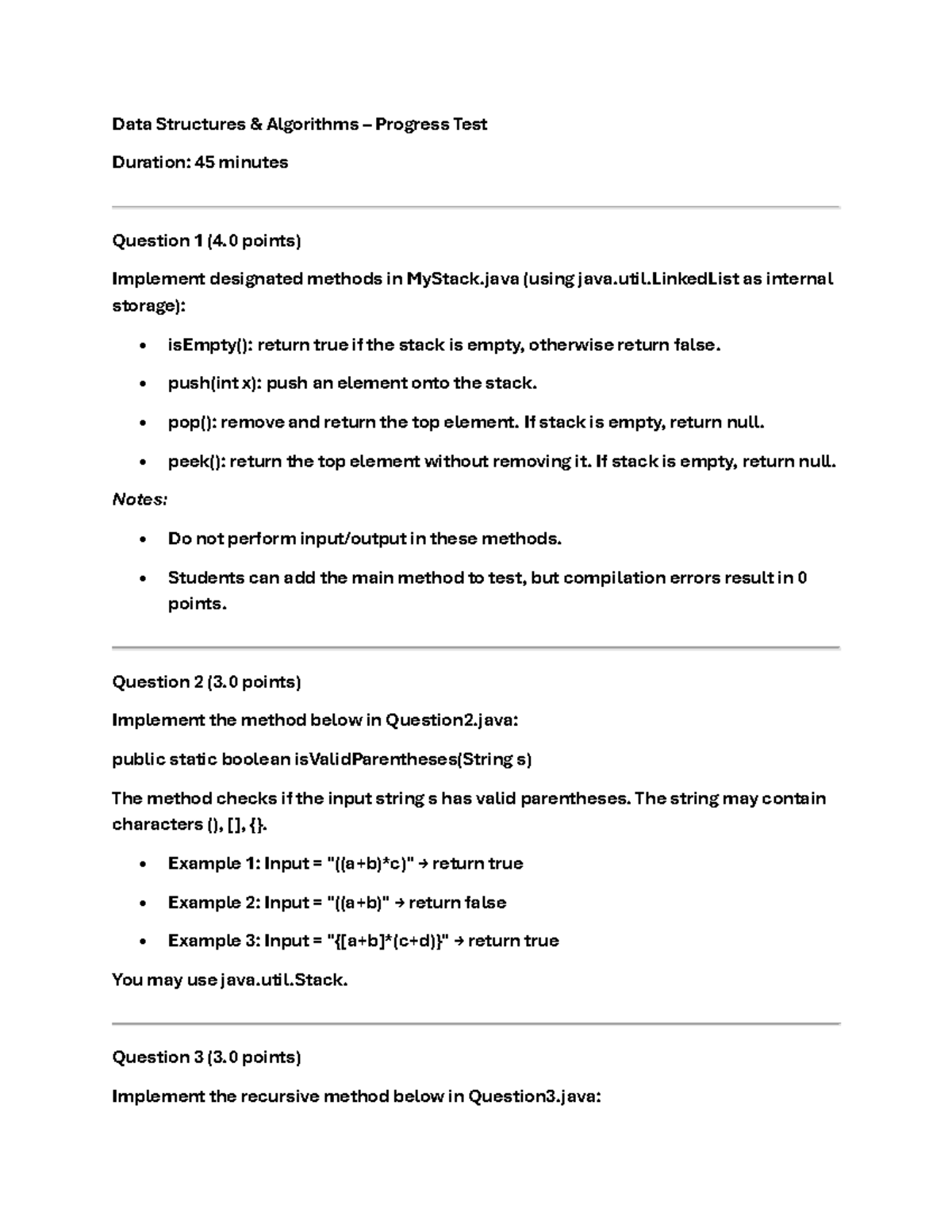 Data Structures & Algorithms Progress Test (Duration: 45 min) - Studocu