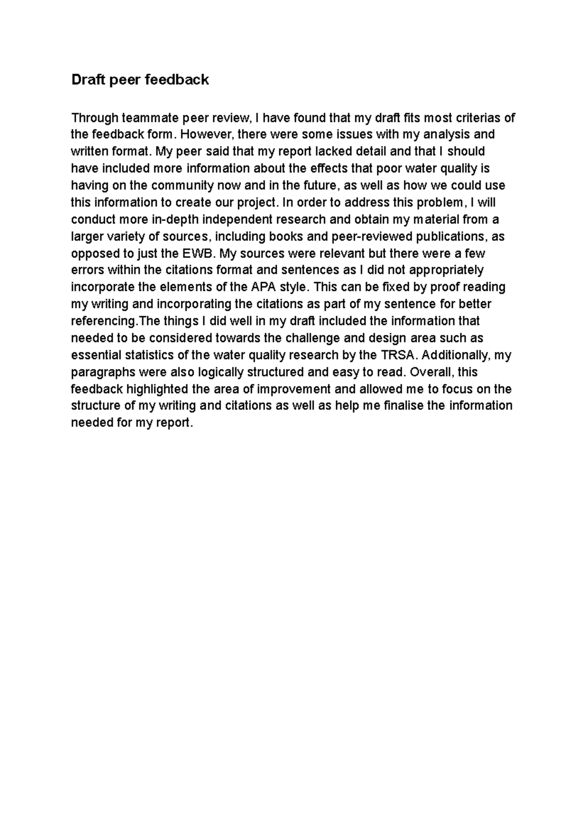 Draft Peer Feedback Summary: Improving Analysis & APA Citations - Studocu