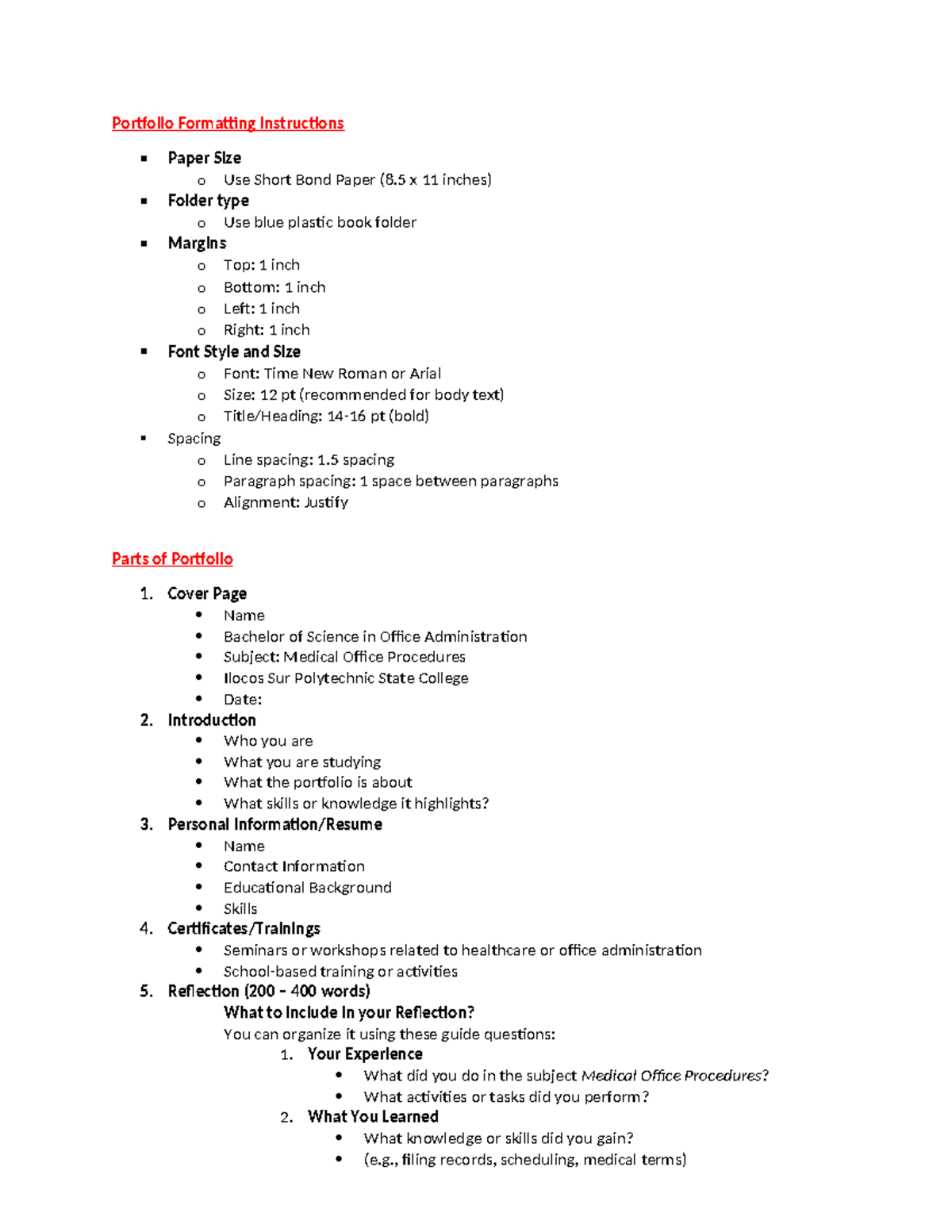 Portfolio Formatting Instructions for Medical Office Procedures - Studocu