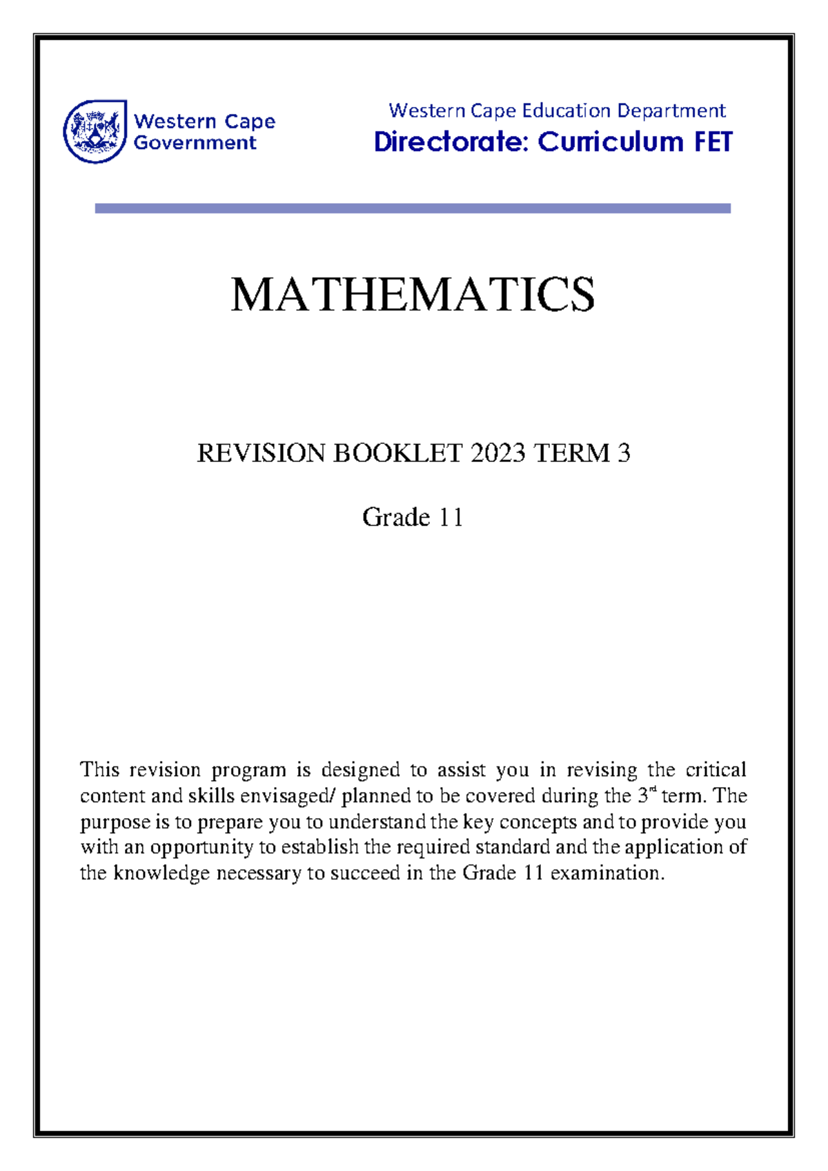 Grade 11 Mathematics Revision Booklet 2023 Term 3 - Studocu