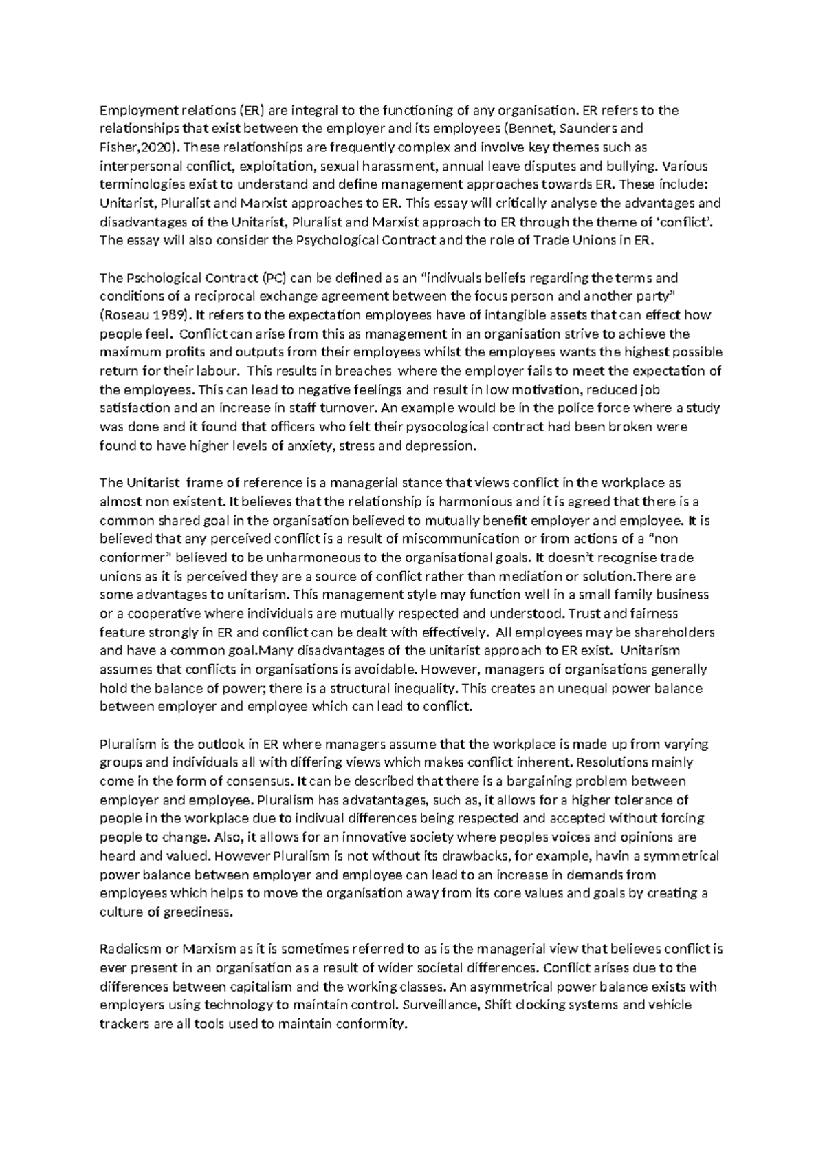 ER Essay: Analyzing Unitarist, Pluralist, and Marxist Approaches - Studocu