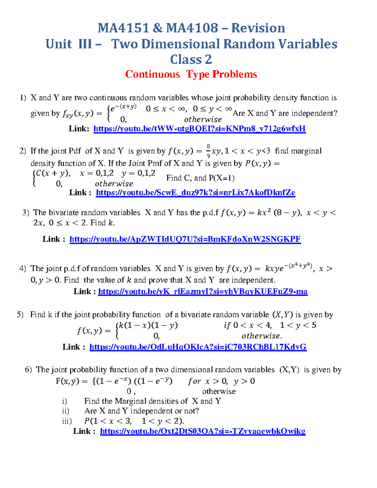 MA4151 & MA4108 - Revision: Unit III Class 2 on Random Variables - Studocu