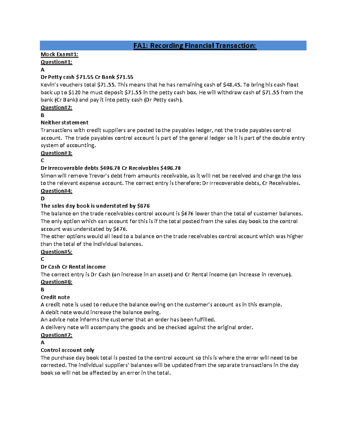 FA1: Mock Answers for Recording Financial Transactions - Studocu