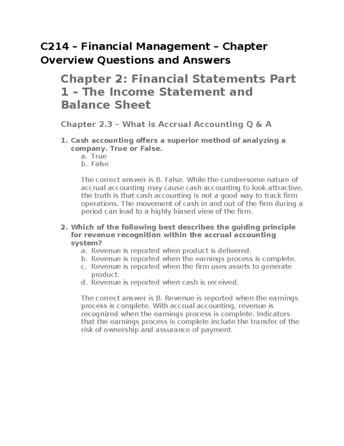 C214 Financial Management Chapter 2 Q&A: Income Statement & Balance ...