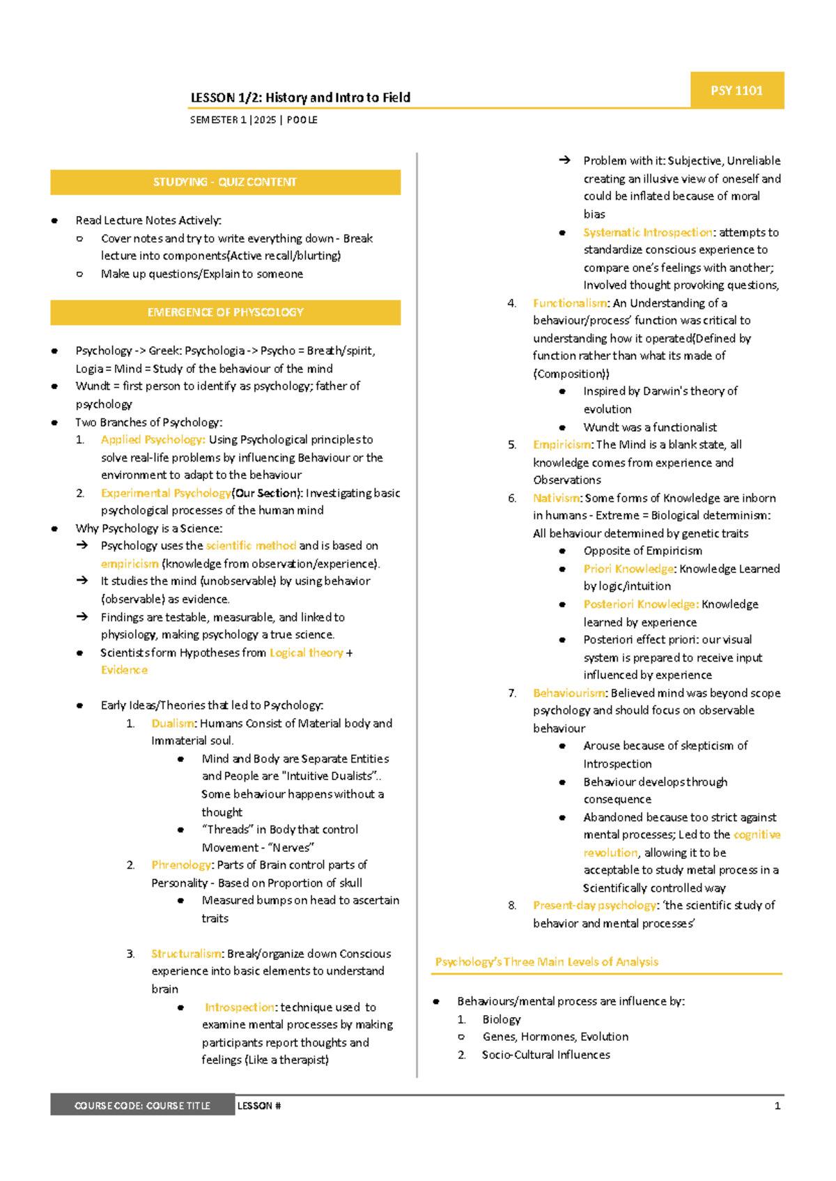 PSY 1101 LESSON History and Introduction to Psychology Study Guide ...