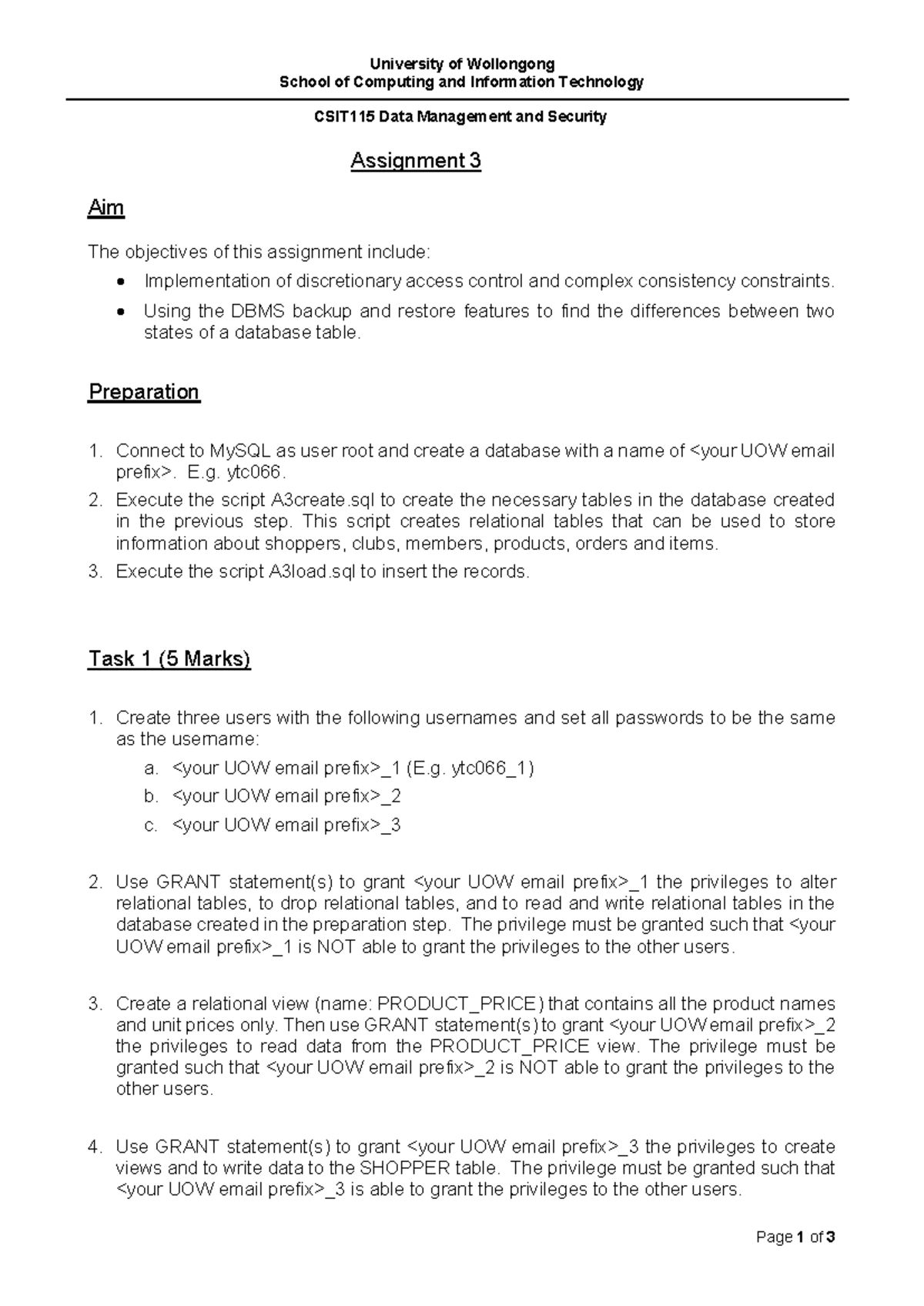 CSIT115 Data Management & Security Assignment 3 Guide - 2025S1 - Studocu