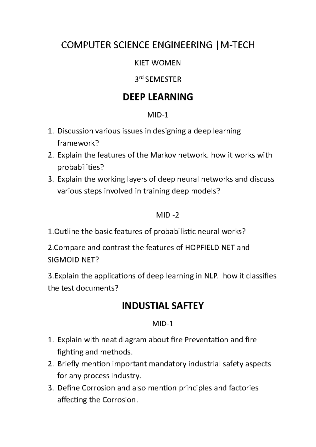 CSE 3rd Sem Mid Exam Notes: Deep Learning & Industrial Safety - Studocu