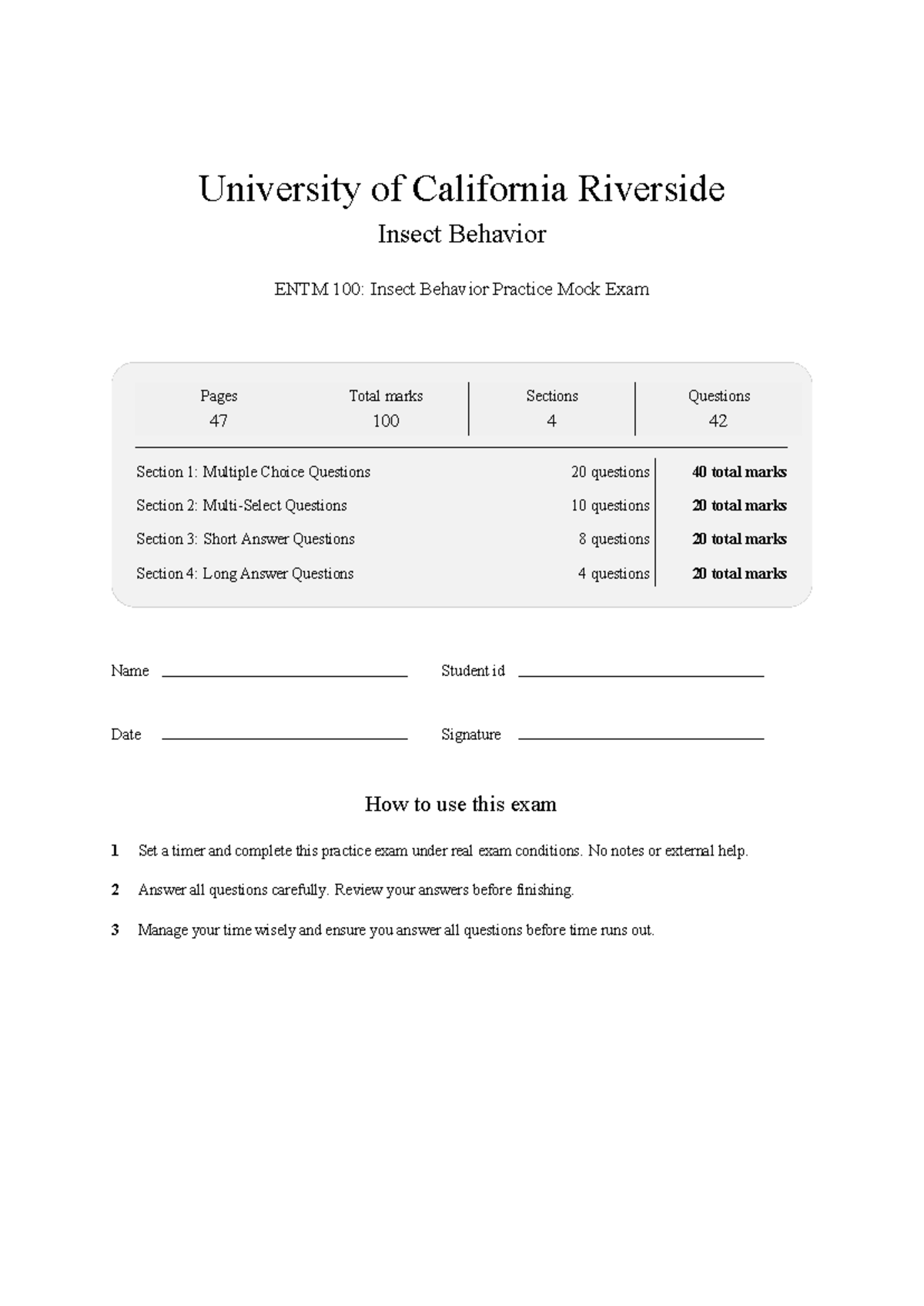 ENTM 100 Insect Behavior Practice Mock Exam - UC Riverside 2026 - Studocu