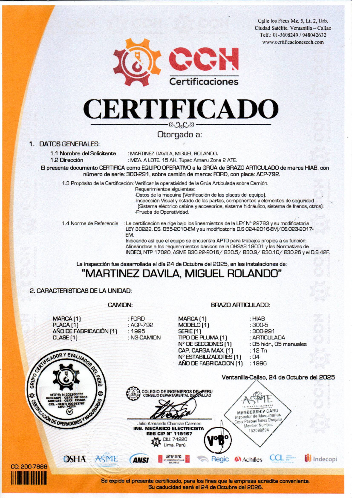 Certificado de Inspección de Operatividad CCH - Grúa Articulada HIAB ...