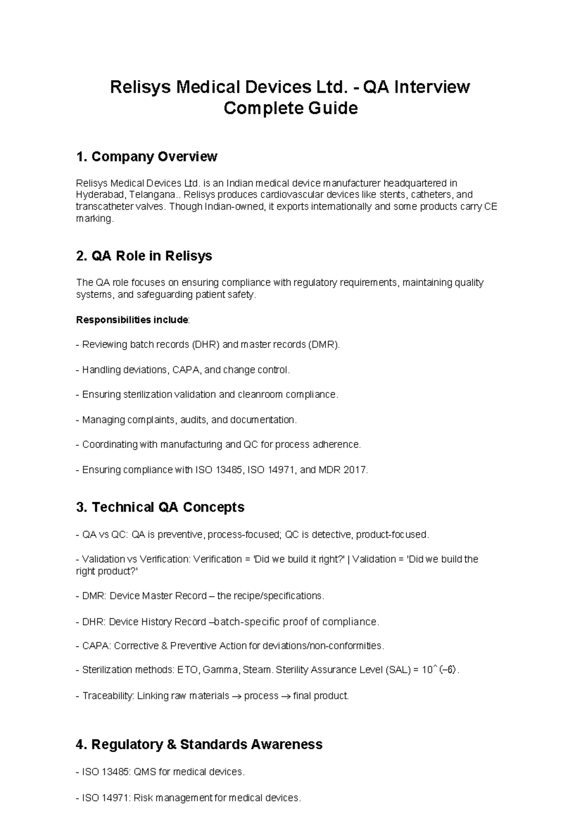 Relisys Medical Devices Ltd. QA Interview Guide: Key Concepts & Q&A ...
