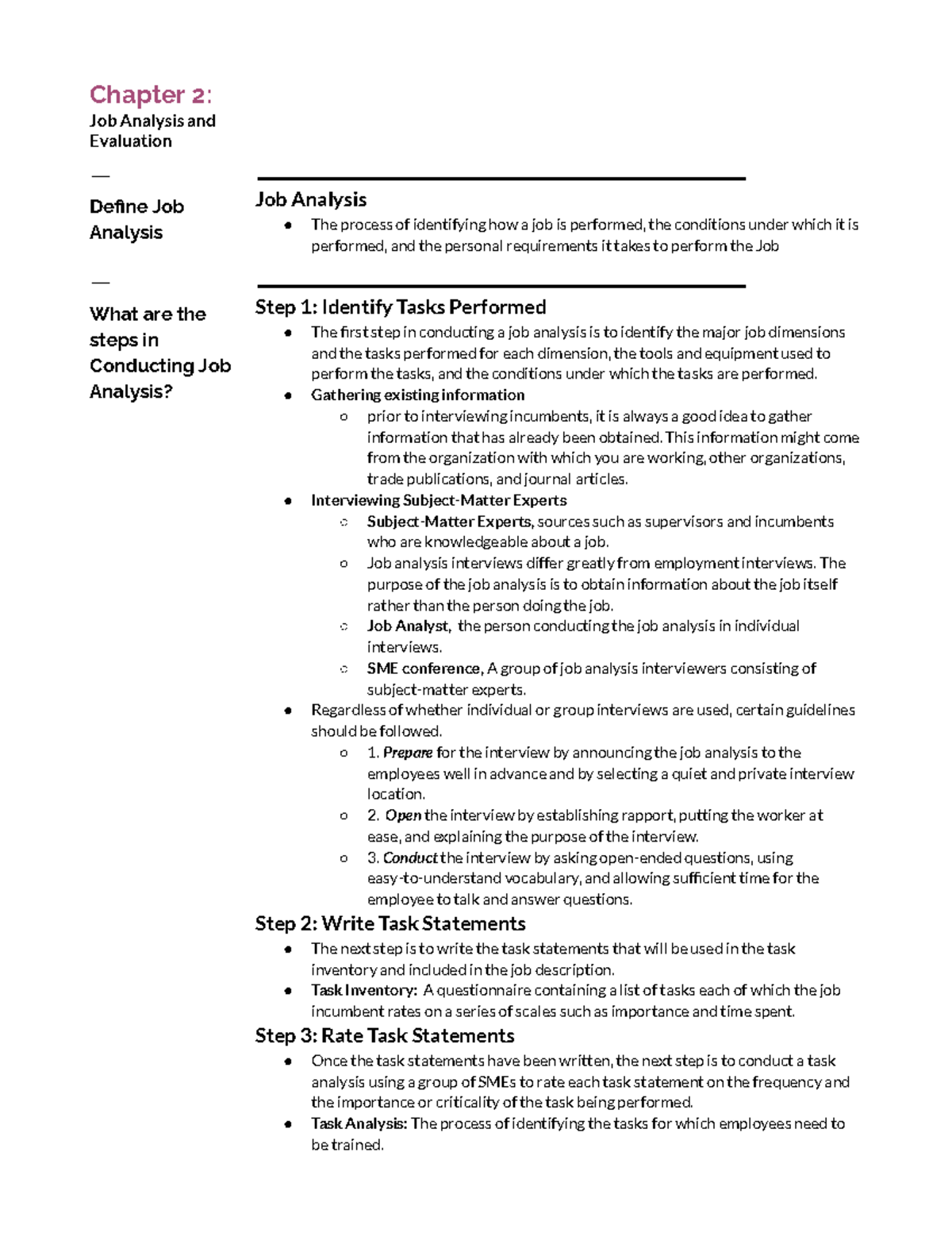 Chapter 2: Job Analysis & Evaluation - Key Steps and Methods - Studocu