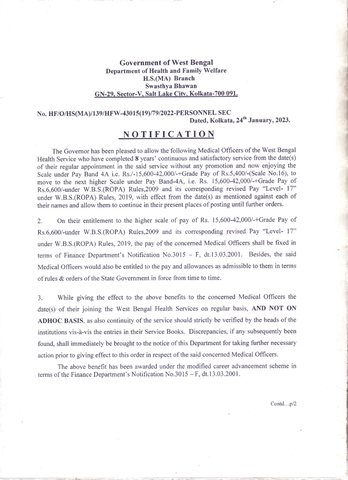 Notification on Pay Scale Advancement for Medical Officers - H.S.(MA ...