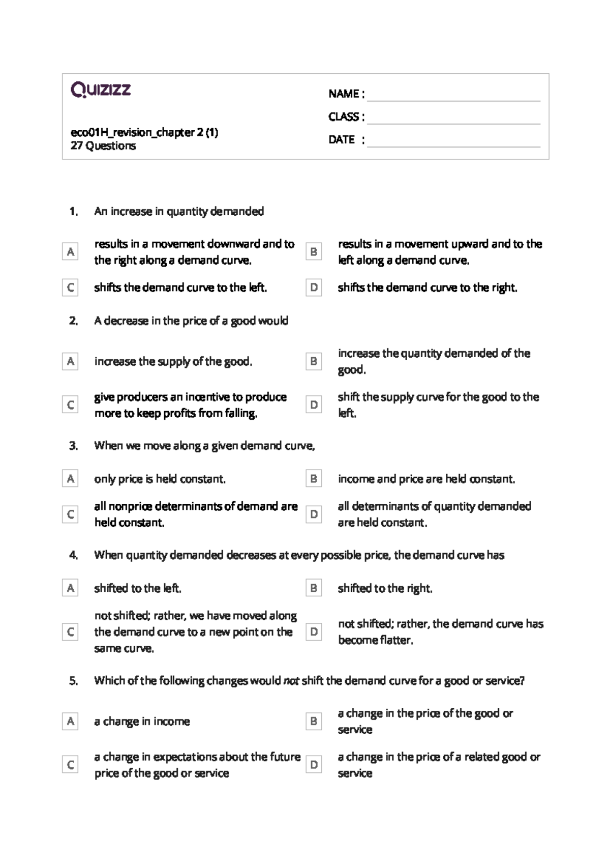 Revision Notes for Eco01H Chapter 2: Demand & Supply Analysis - Studocu