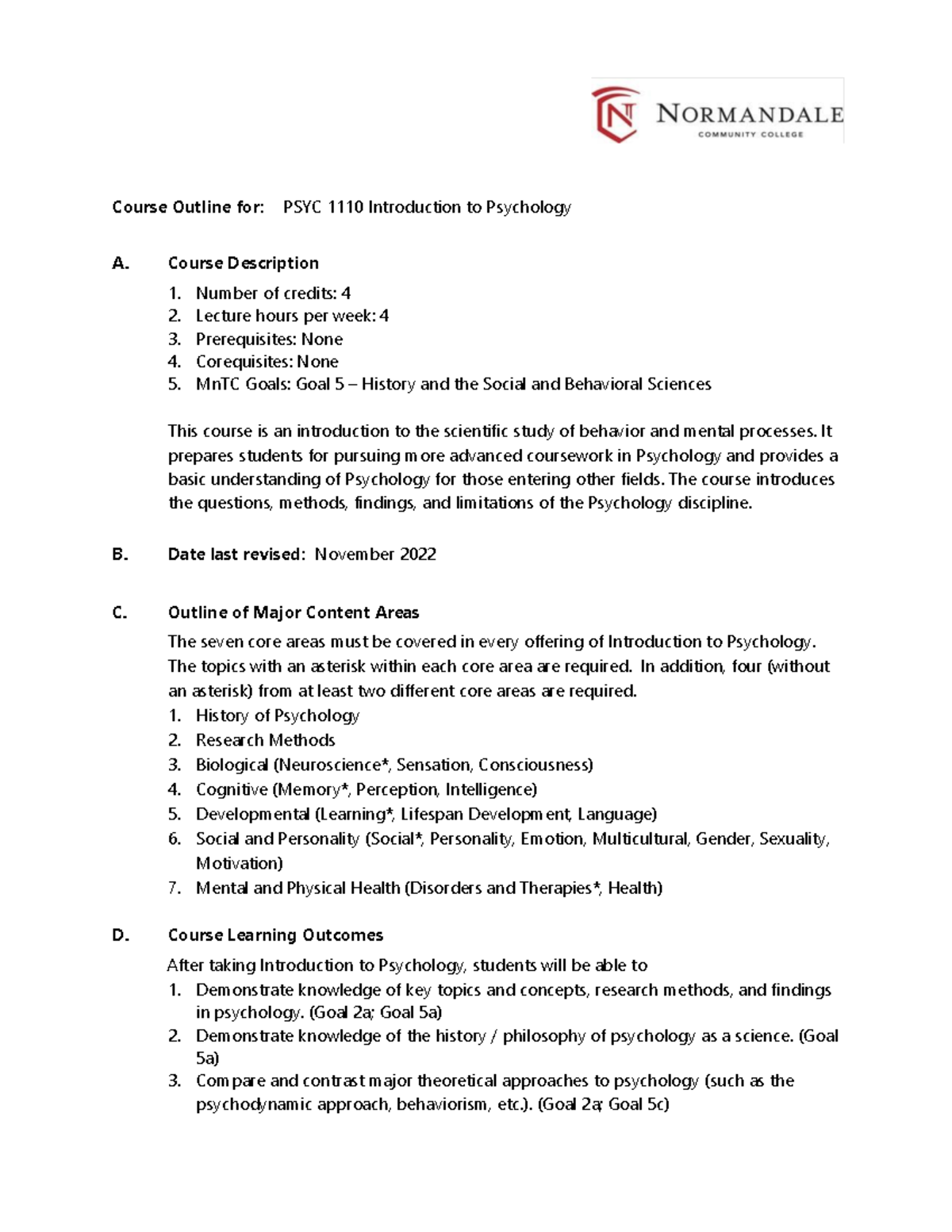 PSYC 1110 Introduction to Psychology - Course Outline for: PSYC 1110 ...