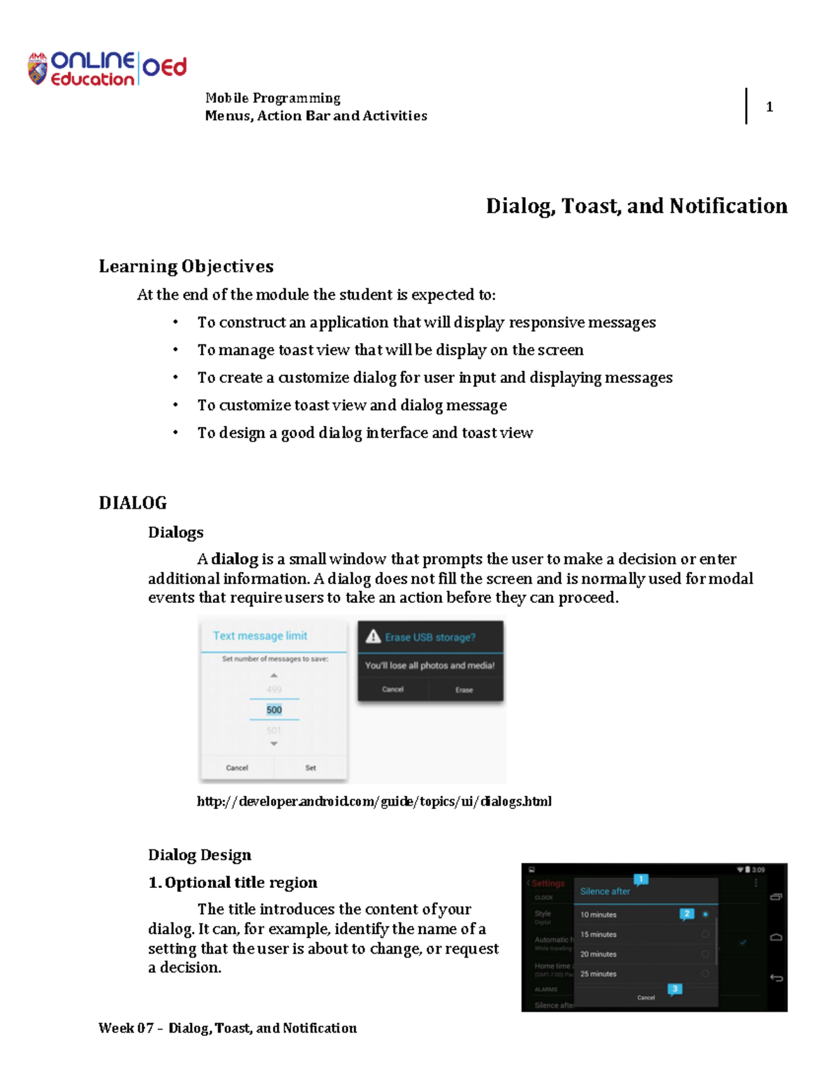 Dialog, Toast & Notification Concepts for Android Dev (CS101) - Studocu