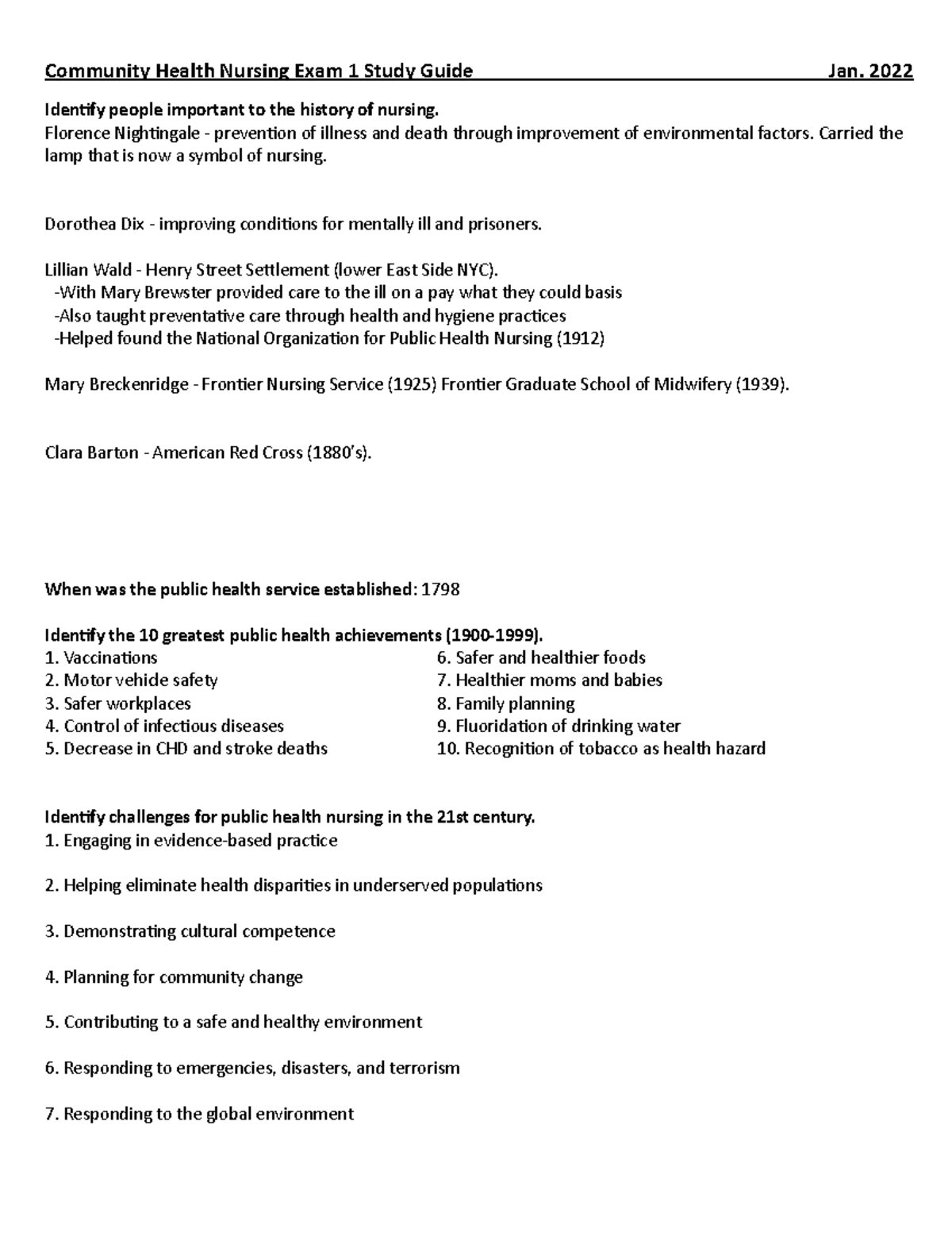 Community Health Nursing Exam 1 Study Notes & Quizlet Material - Studocu